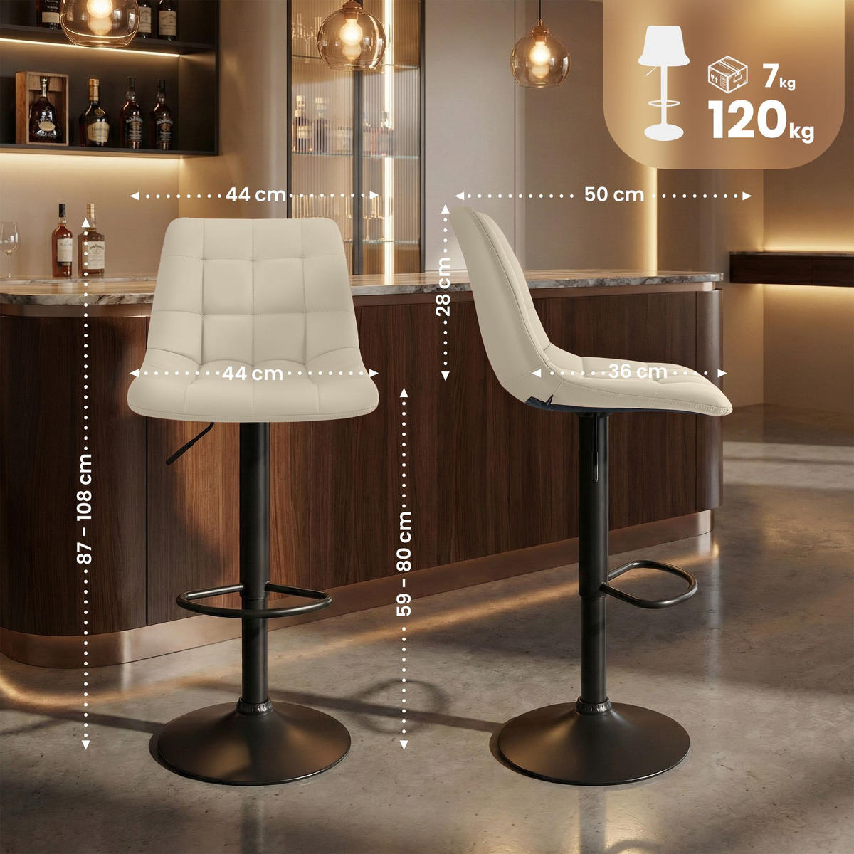 BARHOCKER Lederlook Creme - Creme/Schwarz, Textil/Metall (44/108/50cm) - CLP