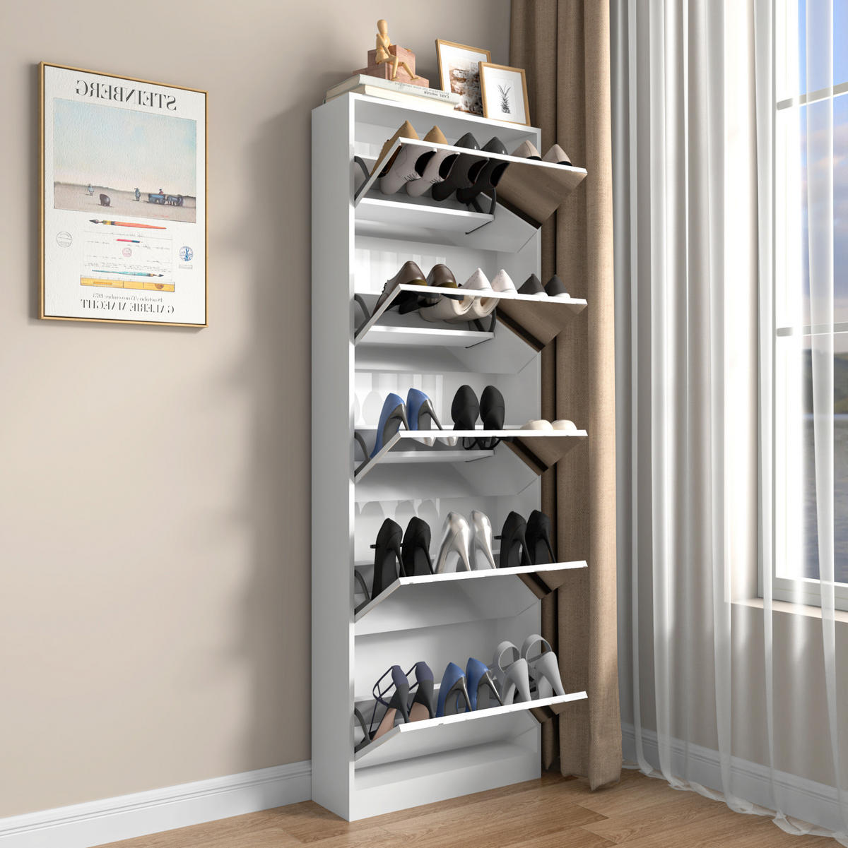 SCHUHSCHRANK 185 cm Weiß aus MDF mit Spiegel - Weiß, Holzwerkstoff (63/185/19.6cm) - OKMYHOME