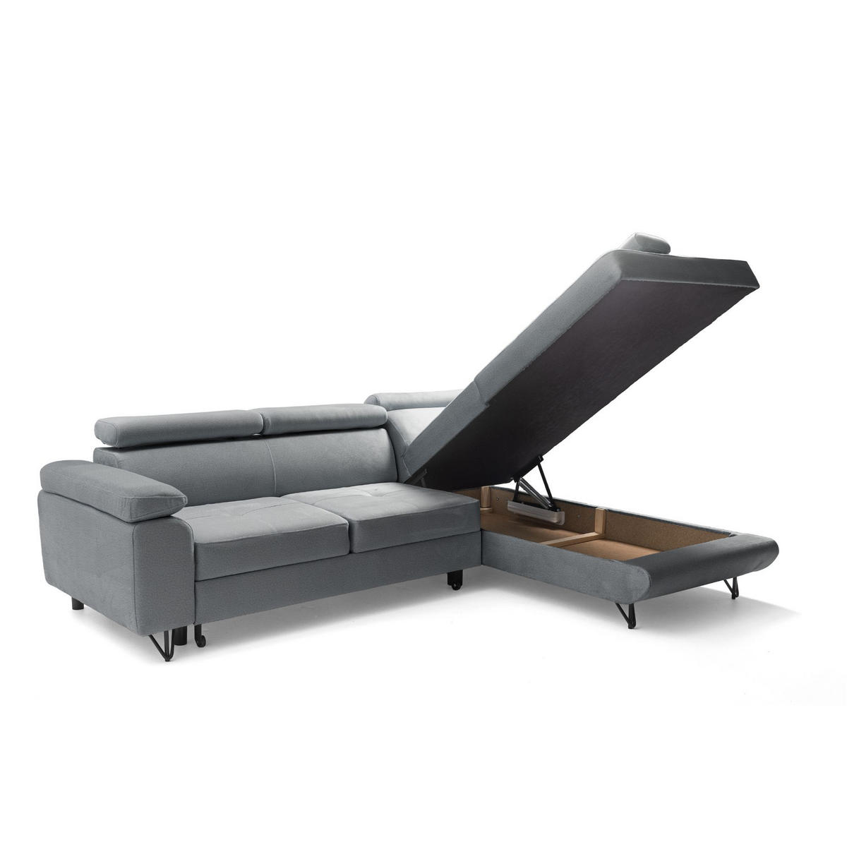 ECKSOFA JUNIOR L Rechts mit Schlaffunktion 194x128 Velours Grau - Schwarz/Grau, Holz/Textil (184/249cm) - Muffo
