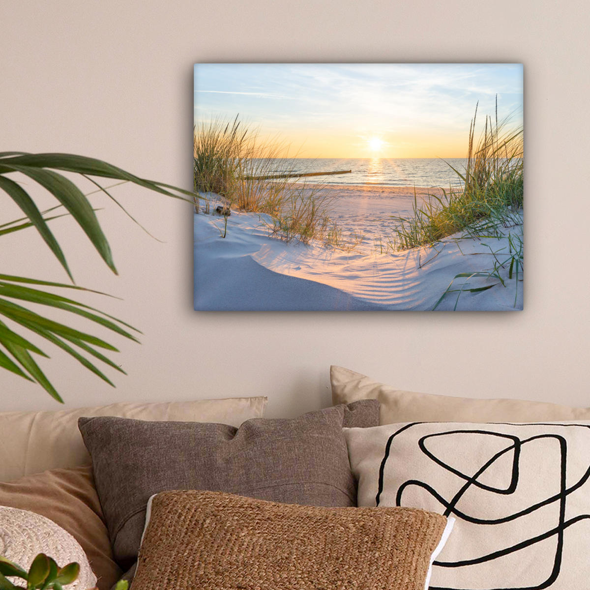LEINWANDBILD Strand - Sonne - Düne - Gras - Sand - Horizont Wandbild 40x30 cm - Hellblau, Textil (40/30cm) - MuchoWow