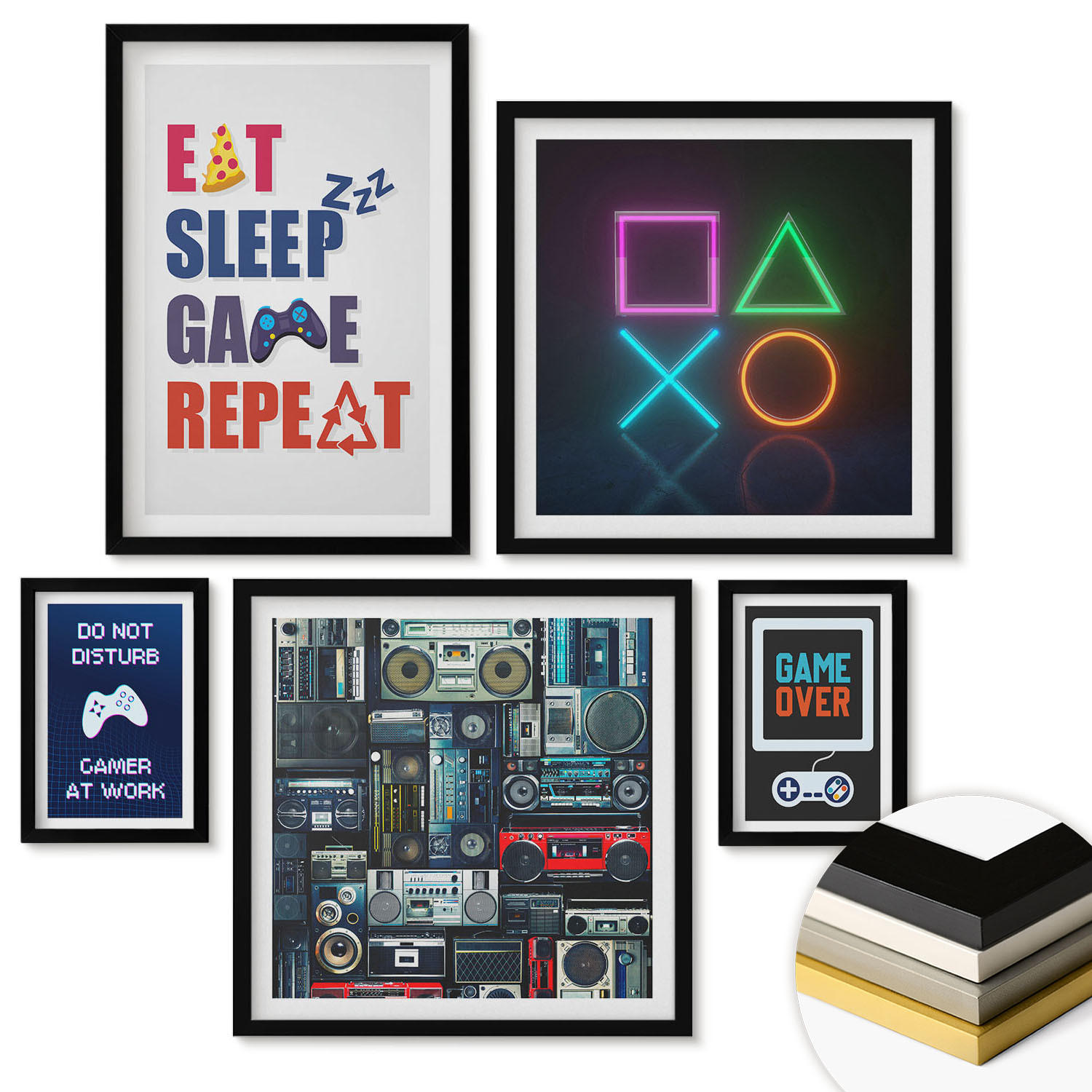 WANDBILDER 5er-Set - 50x50 cm & 20x30 cm & 40x60 cm Schwarzer Rahmen - Spieleruntertitel - Schwarz, Kunststoff (40/60cm) - ArtPrintCave