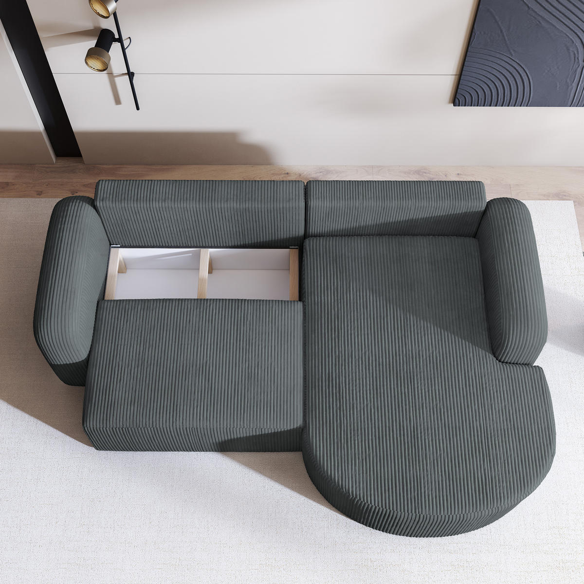 ECKSOFA AMILIA P R-S Grau Kordstoff mit Schlaffunktion - Grau, Holz (263/174cm) - MASSENO