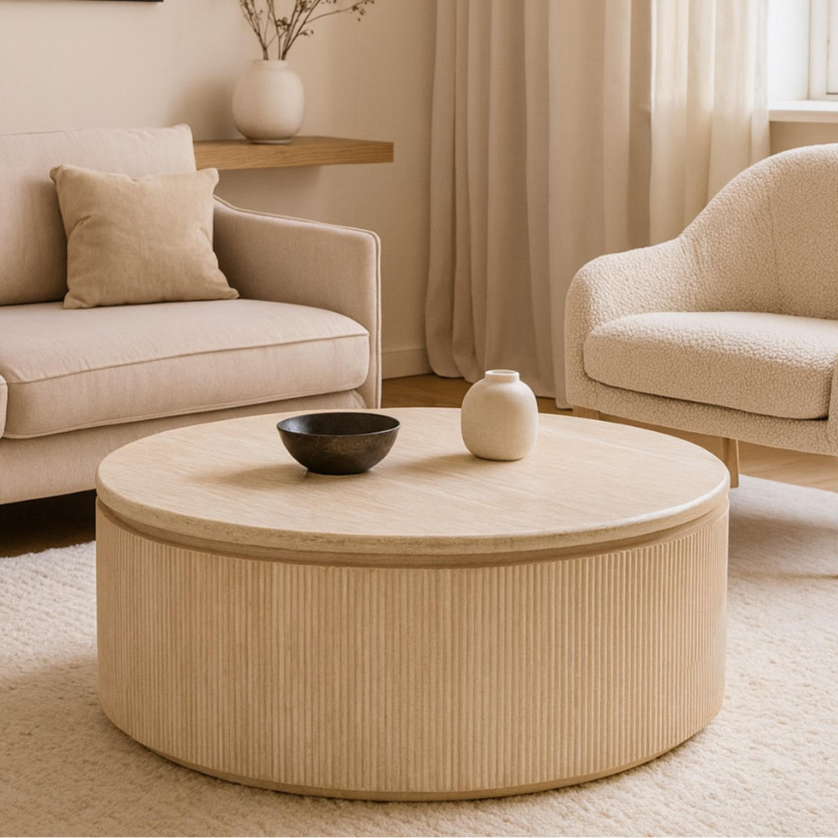 COUCHTISCH Lunado mit Travertin Tischplatte in edlem Säulenstil - Beige, Keramik (100/100/45cm) - alesvelt