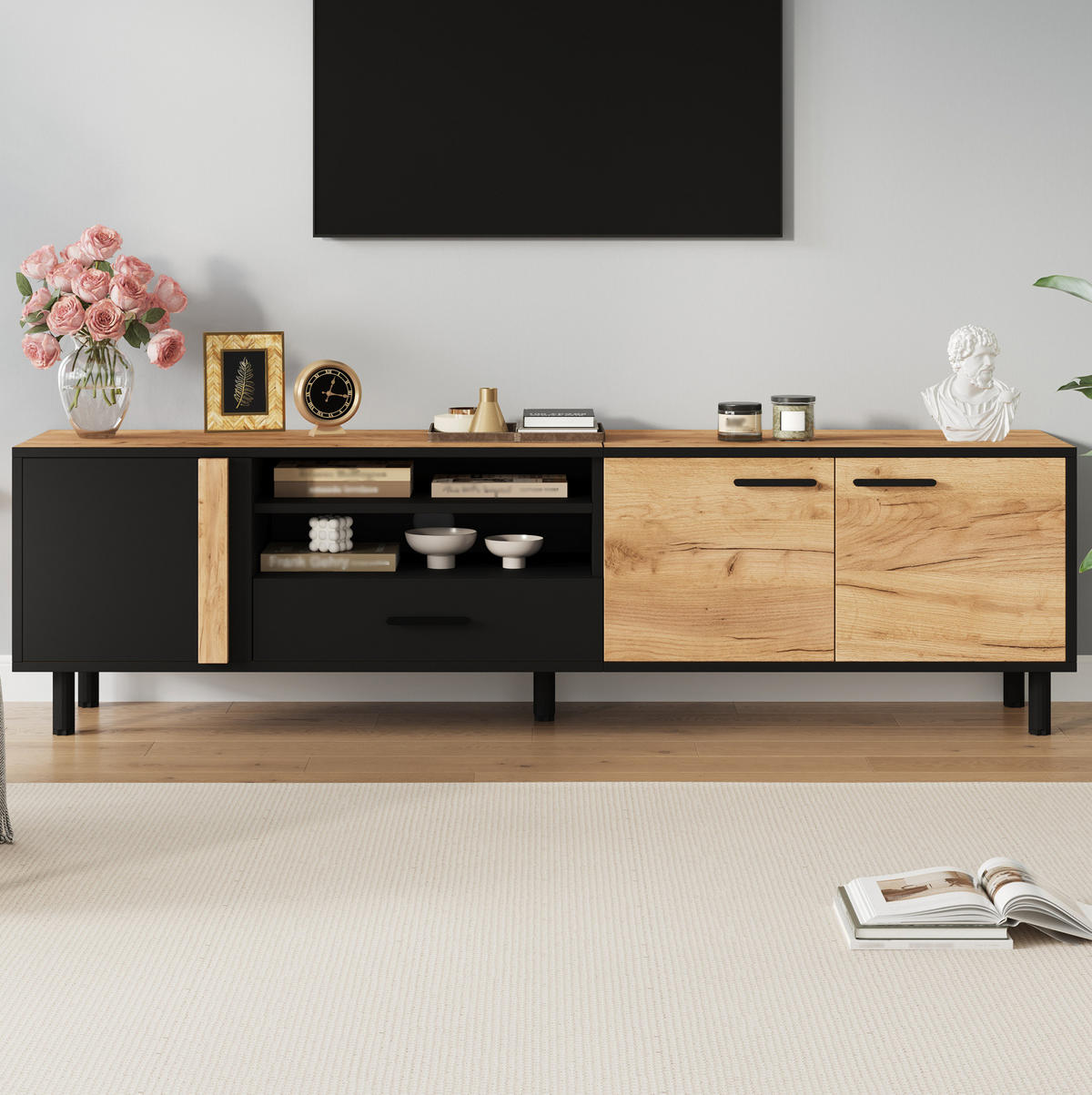 TV-LOWBOARD 180/32,5/50 cm schwarz-Holzoptik aus Spanplatte mit 3 Türen - Schwarz, Holzwerkstoff (180/50/32.5cm) - OKWISH