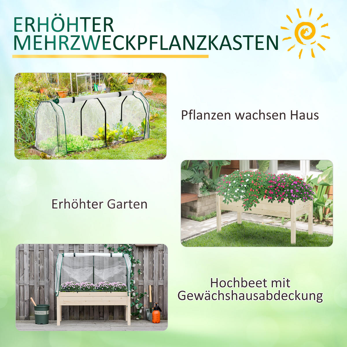 HOCHBEET Frühbeet mit Gewächshaus, Blumenkasten für Garten, Balkon, Tannenholz, Natur - Fichtefarben, Holz/Kunststoff (55/117/121cm) - Outsunny