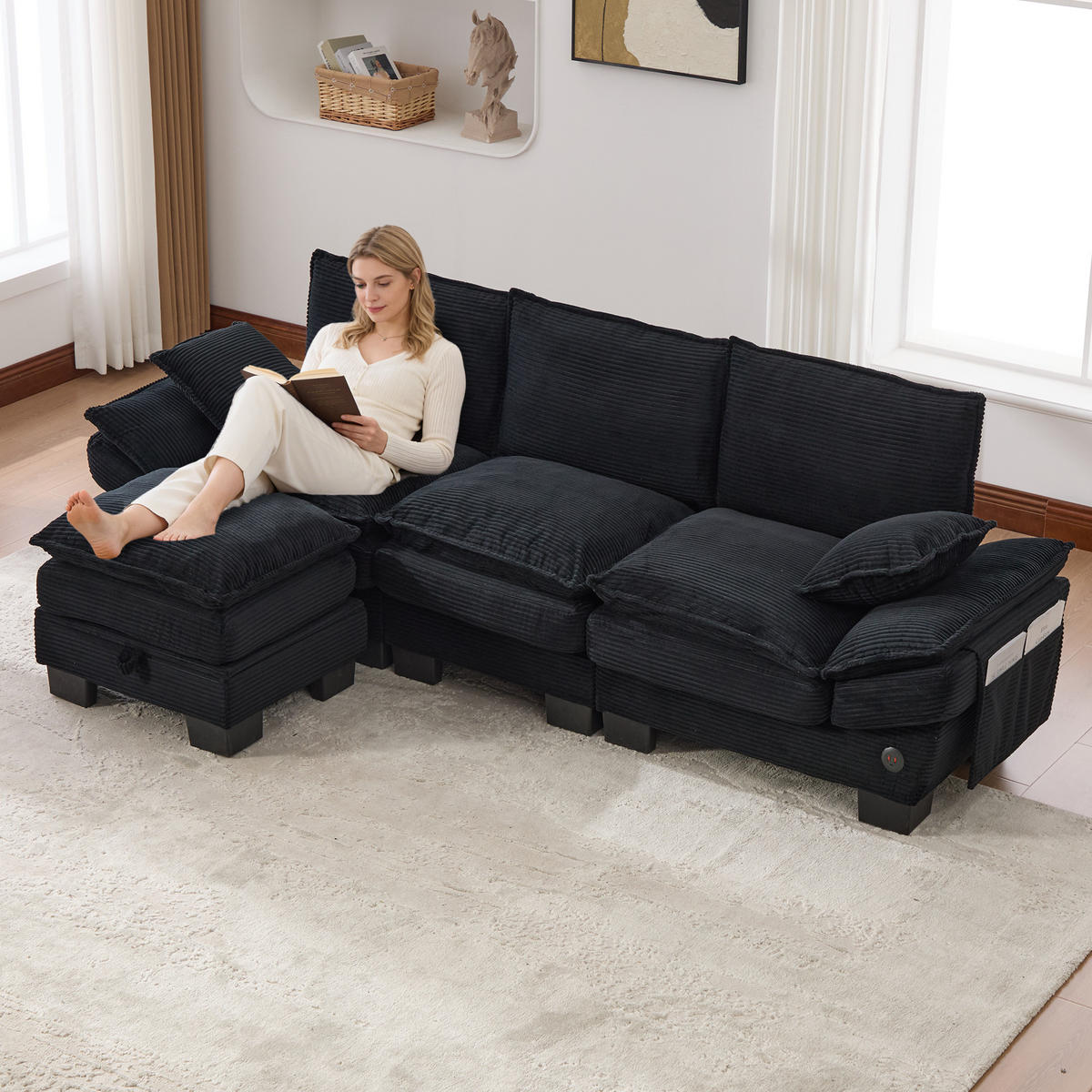 3-SITZER Sofa aus Cord 260x132x84 cm mit Hocker & USB-C, schwarz - Schwarz, Textil (132/84/260cm)