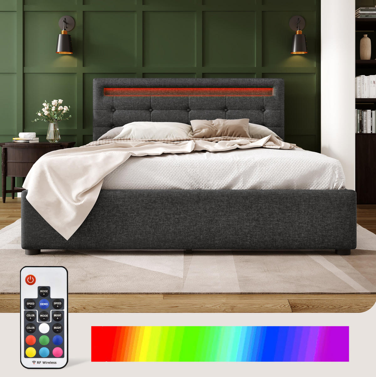 POLSTERBETT mit LED und 4 Schubladen 140x200 cm Leinen Grau inkl. Matratze - Grau, Metall (140/200cm) - Meubliv