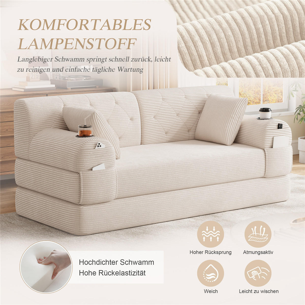 SCHLAFSOFA 2-Sitzer Cord Lounge mit Taschen & Getränkehaltern, Beige - Beige, Textil (168/81/80cm) - Kaket