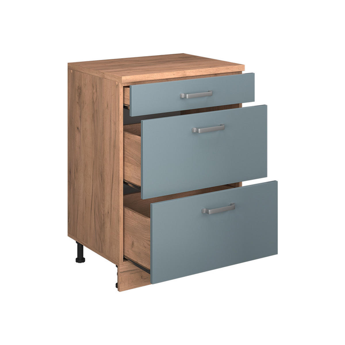 KUHINJSKA OMARA ZA POŠEVNE STREHE R-Line, Modro-siva, 60 cm brez naklona z 3 predaloma - medeni hrast/modrosiva, leseni material (60/83.8/46cm) - Vicco