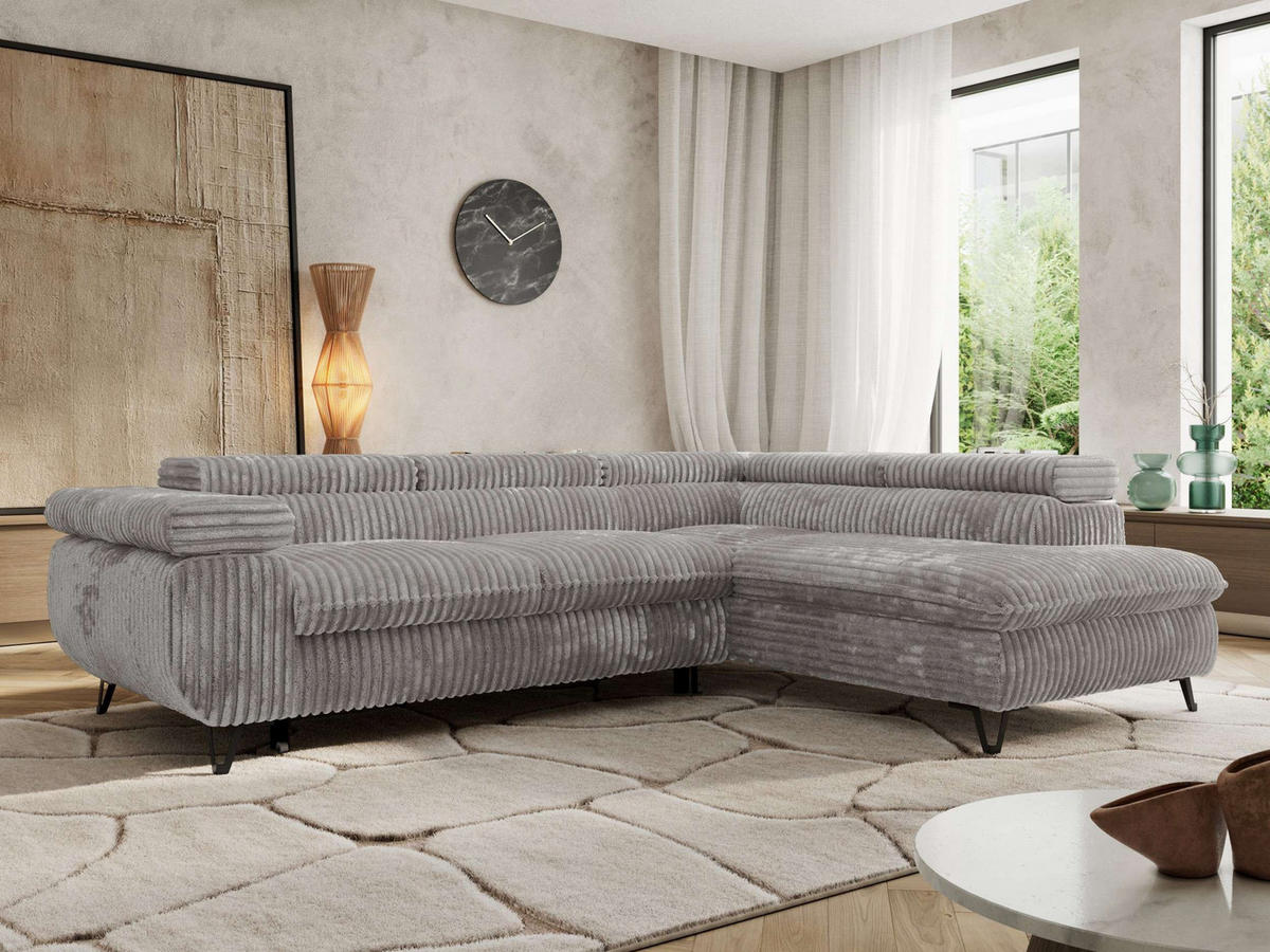 ECKSOFA PABLO L Hellgrau Cord - Rechts Seite mit T25 Topper - Hellgrau/Schwarz, Textil/Metall (273/208cm) - MKS
