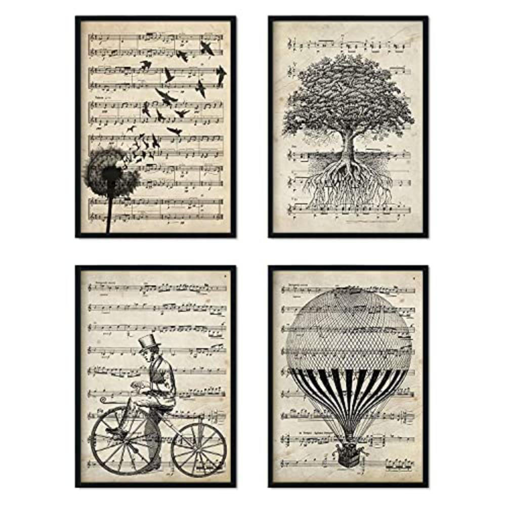 POSTER Set mit 4 Notenblatt A4 Schwarzer Rahmen - Schwarz, Papier (29.7/3cm) - Nacnic