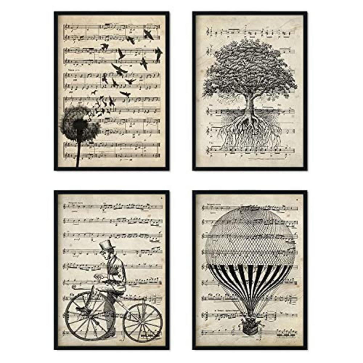 POSTER Set mit 4 Notenblatt A4 Schwarzer Rahmen - Schwarz, Papier (29.7/3cm) - Nacnic