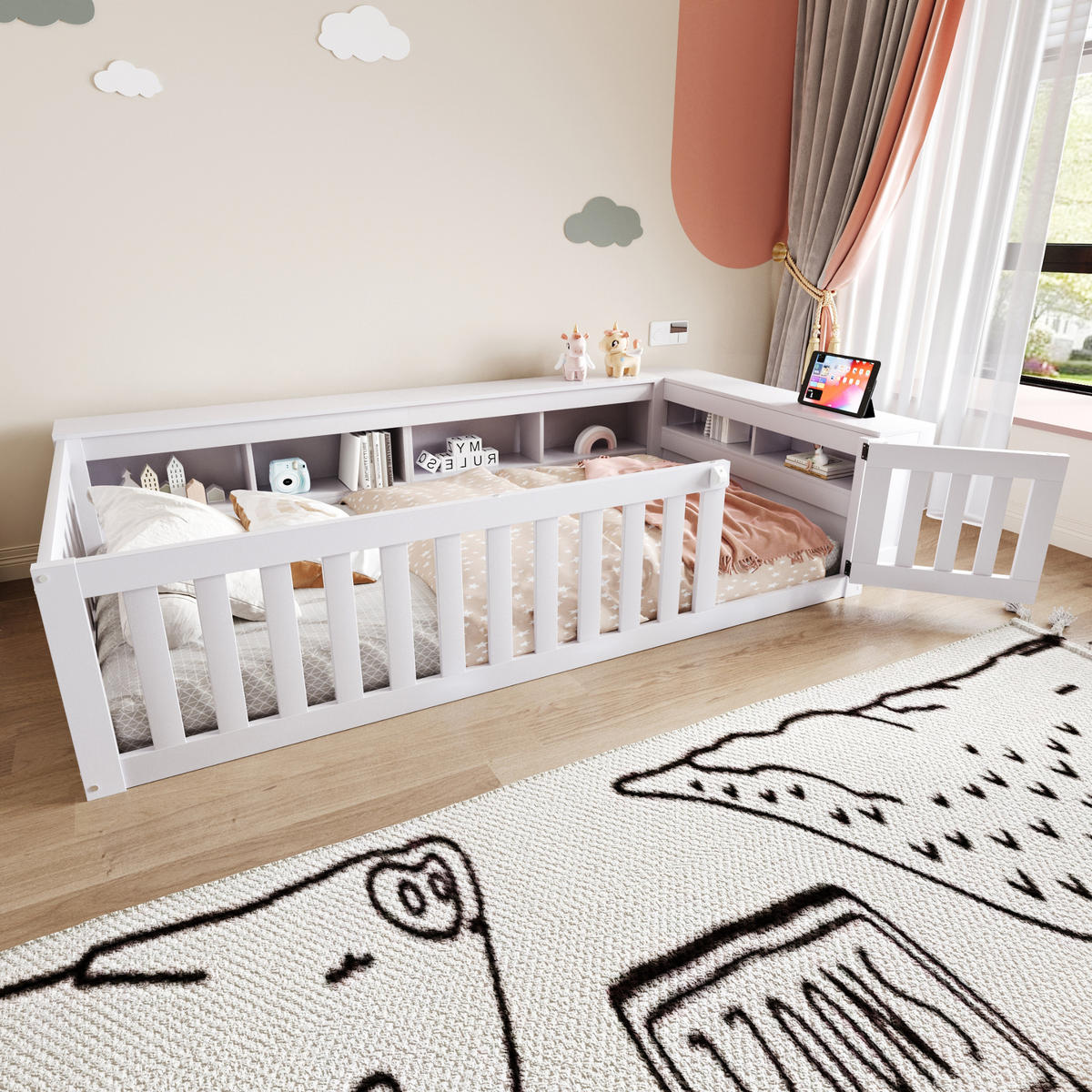 KINDEREINZELBETTEN aus Massivholz 90x200 cm in Weiß mit Stauraum & Sicherheitsgitter - Weiß, Holz (90/200cm) - Modfu