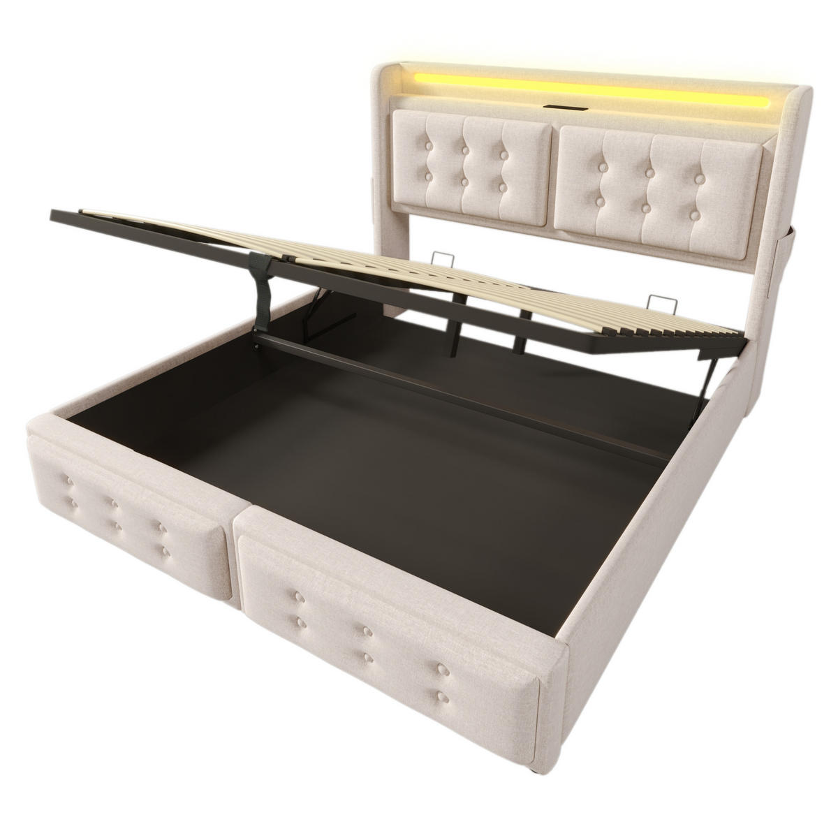 POLSTERBETT 140/200 cm Beige mit Bettkasten, LED und USB- und Type-C-Anschlüssen - Beige, Textil (140/200cm) - Flora Grace