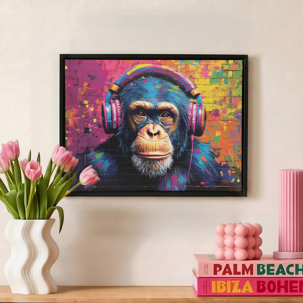 LEINWAND Bilder mit Rahmen - Graffiti - Schimpanse - Straßenkunst - Kopfhörer - Affe - 40x30 - Blau, Textil (40/30cm) - MuchoWow