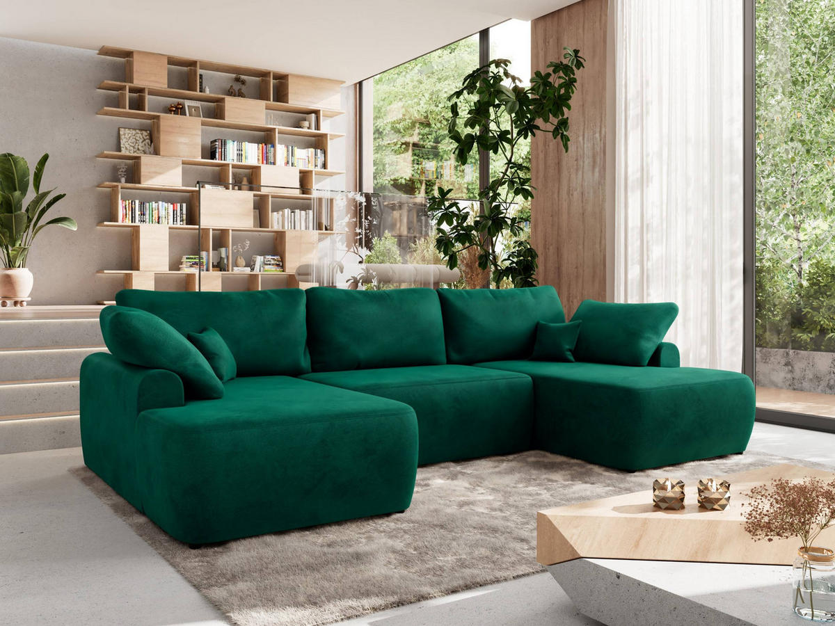 WOHNLANDSCHAFT CUBO U Dunkelgrün Velvet - Dunkelgrün/Schwarz, Kunststoff/Textil (370/100/187cm) - MKS