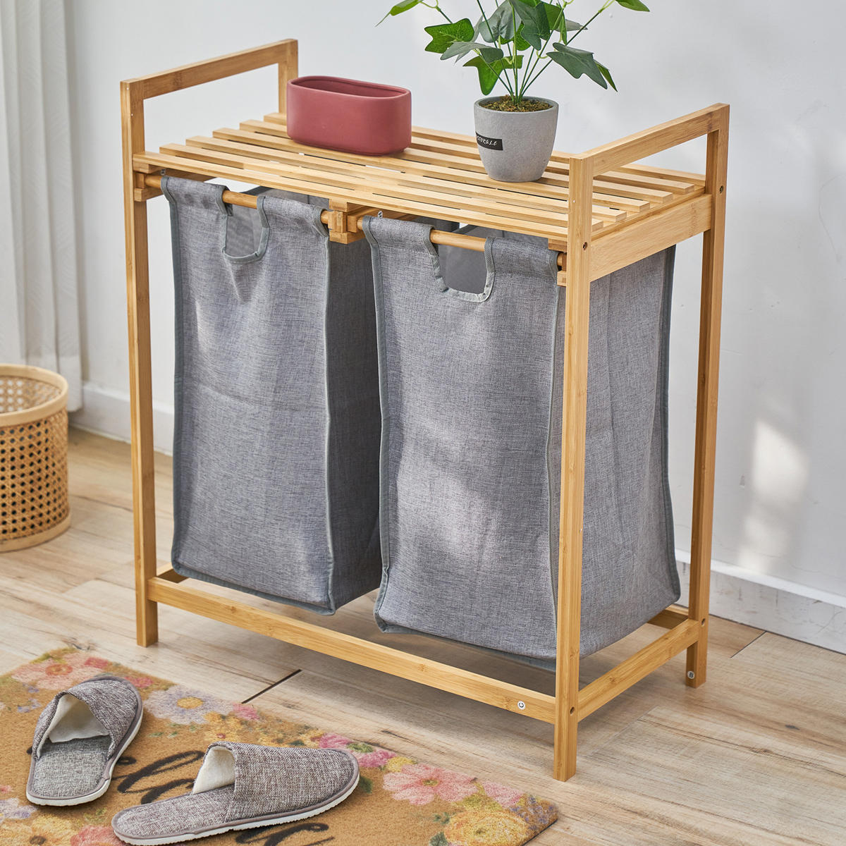 WÄSCHEKORB SULA 2 Fächer Bambus - Hellbraun, Holz (64.5/73/33cm) - SVITA