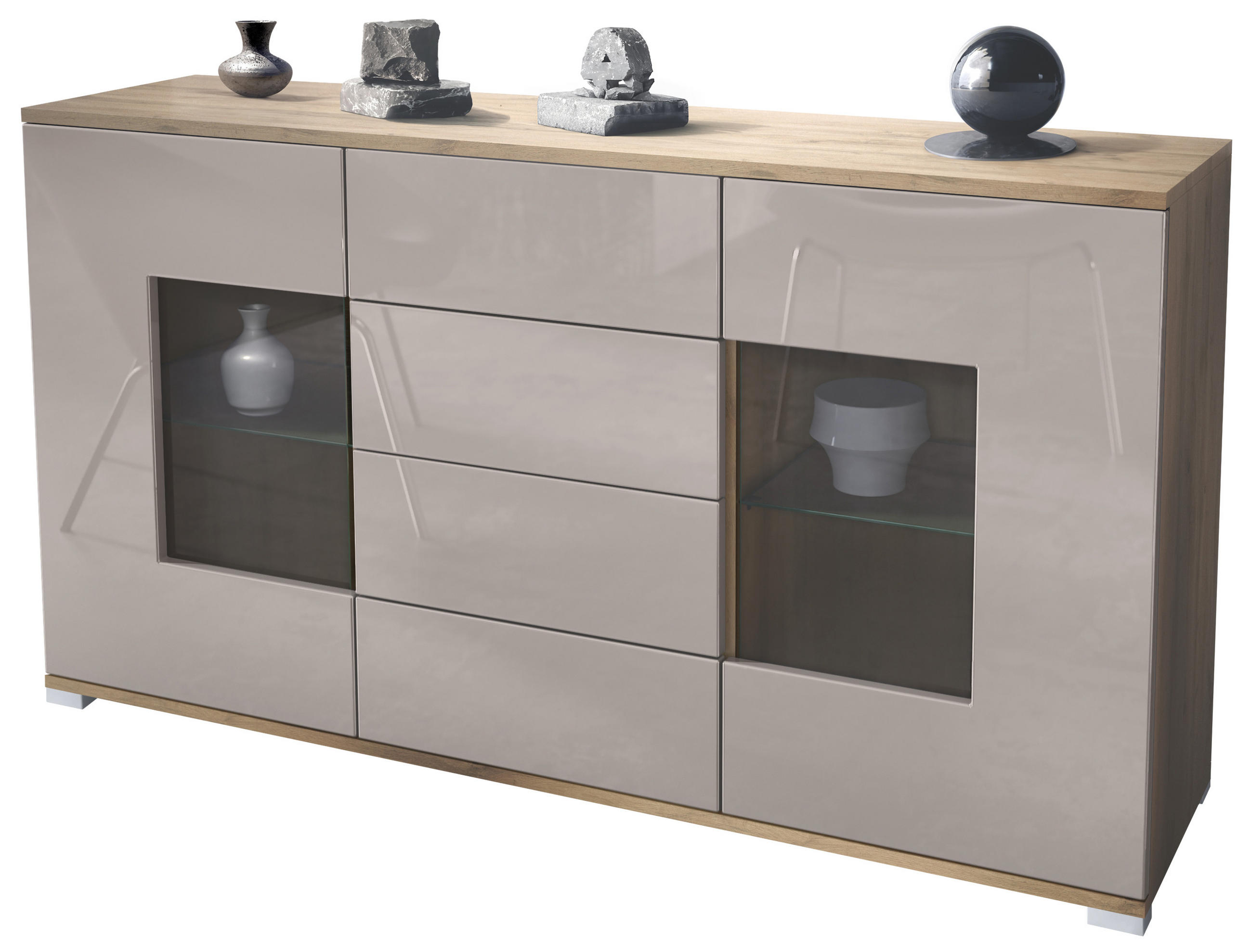 SIDEBOARD Grömitz Sandgrau Hochglanz - Sandfarben, Holzwerkstoff (138.5/75.5/35cm) - Vladon