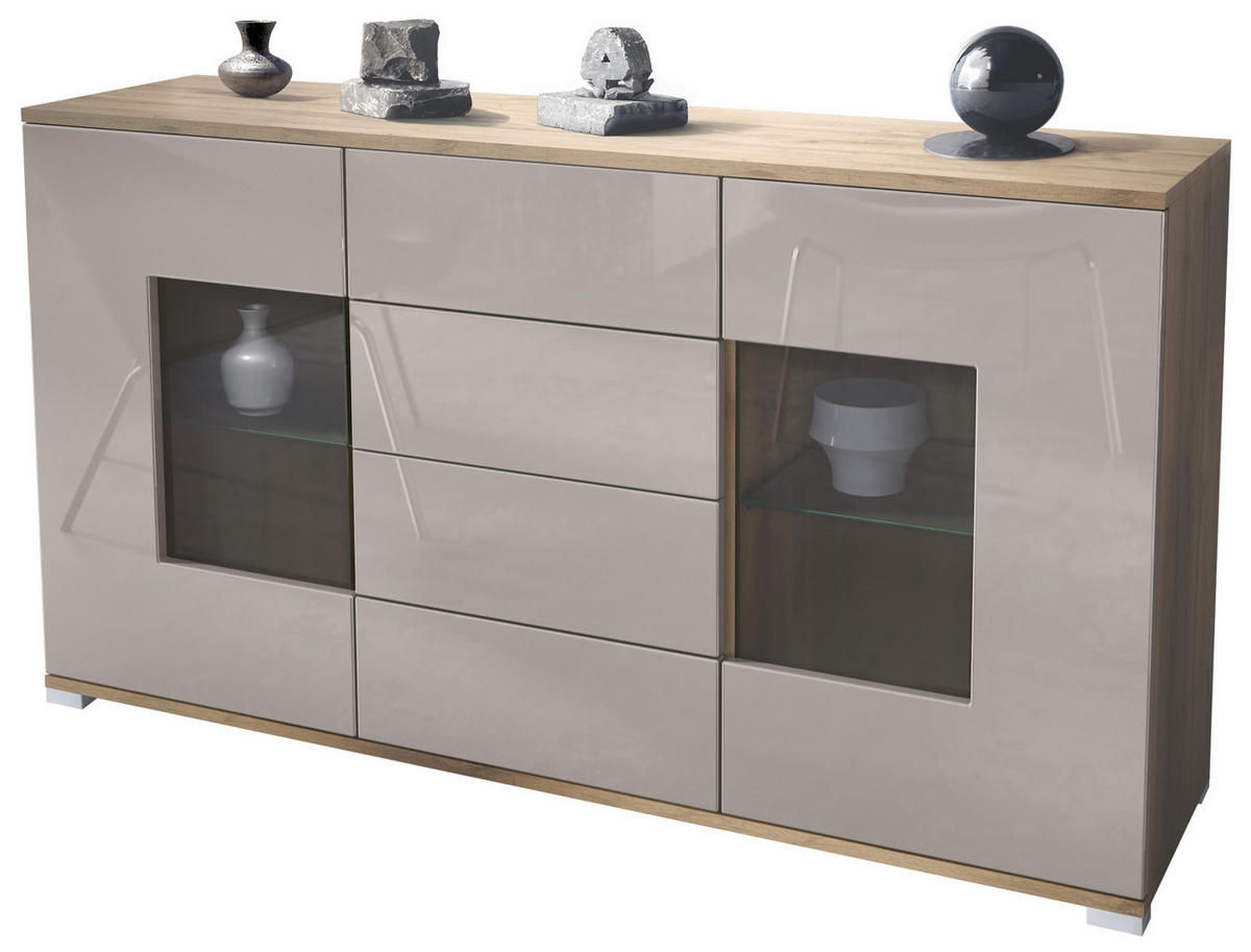 SIDEBOARD Grömitz Sandgrau Hochglanz - Sandfarben, Holzwerkstoff (138.5/75.5/35cm) - Vladon