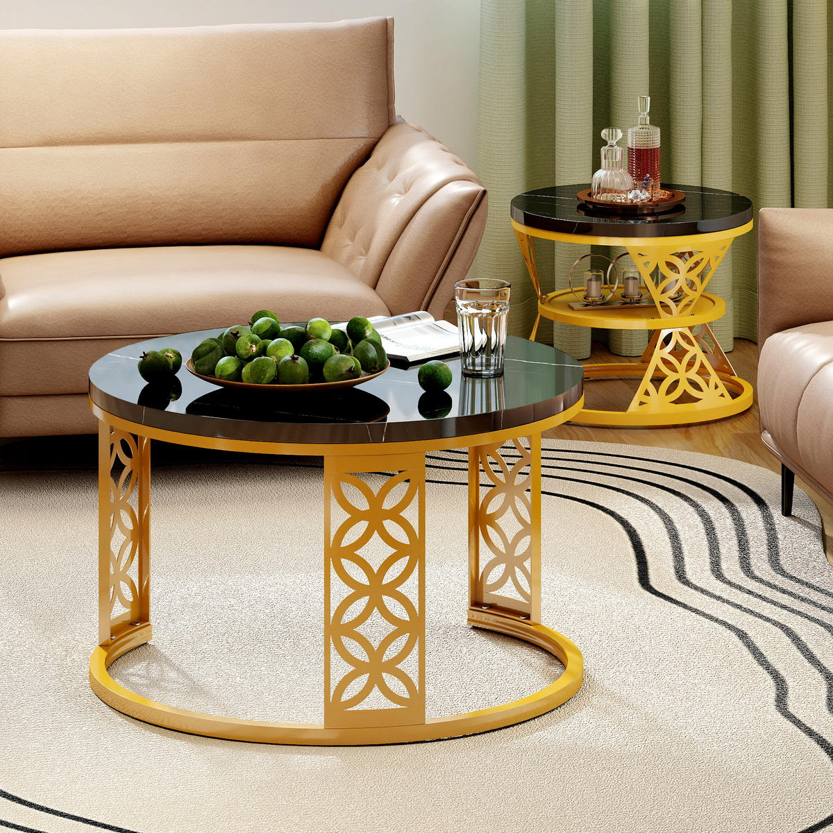 COUCHTISCH in Schwarz Hitzebeständiger Wohnzimmertisch mit Marmor-Optik Platte Sofatisch mit Metallgestell - Goldfarben/Schwarz, Holzwerkstoff/Metall (70/70/45cm) - STILVORA