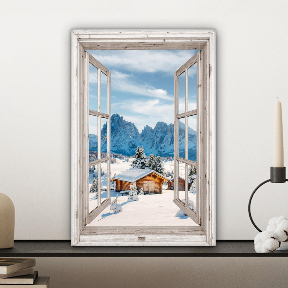 LEINWANDBILD Winterlandschaft - Hütte - Berge - Ausblicke - Aussicht - Natur Deko Wohnzimmer 20x30 cm - Weiß Hochglanz, Textil (20/30cm) - MuchoWow