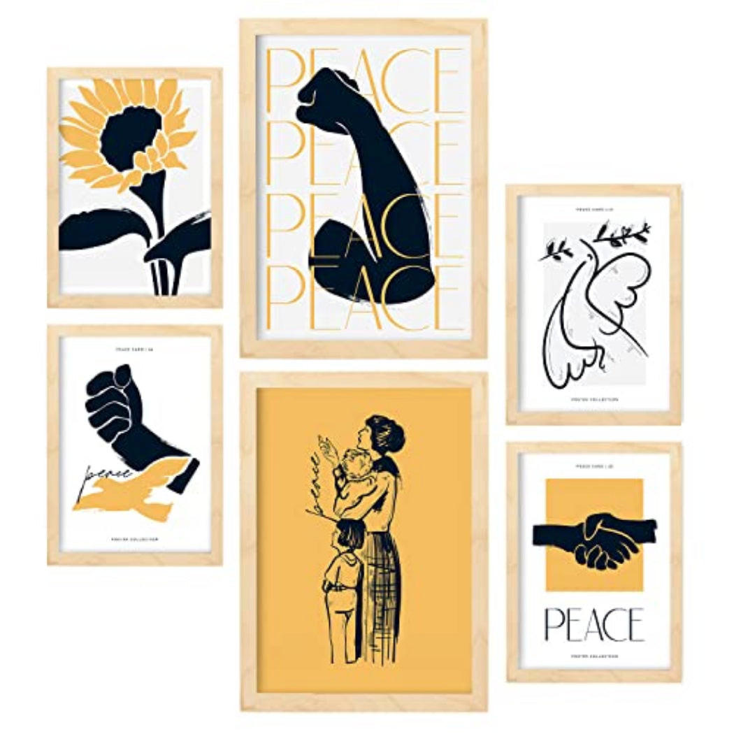 POSTER Set Mit 6 In Schwarzer Tinte Frieden Und Kraft Kunstdrucke Von Meer Und Ozean Für Innenarchitektur A3 & A4 Rahmen Aus Hellem Holz - Beige, Papier (29/3cm) - Nacnic