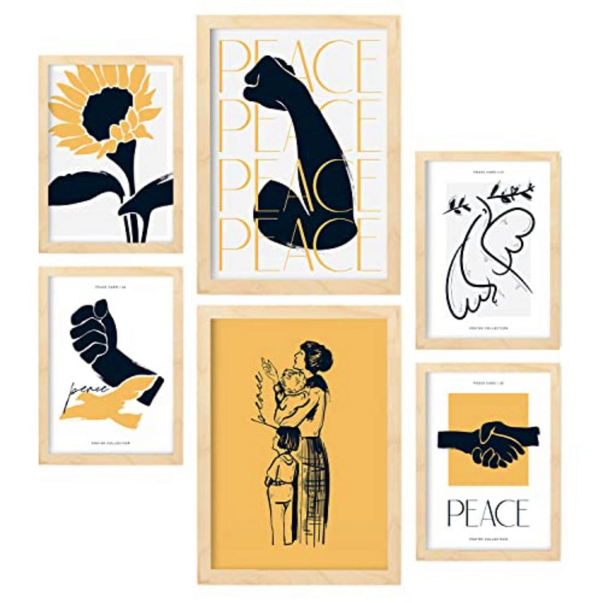 POSTER Set Mit 6 In Schwarzer Tinte Frieden Und Kraft Kunstdrucke Von Meer Und Ozean Für Innenarchitektur A3 & A4 Rahmen Aus Hellem Holz - Beige, Papier (29/3cm) - Nacnic