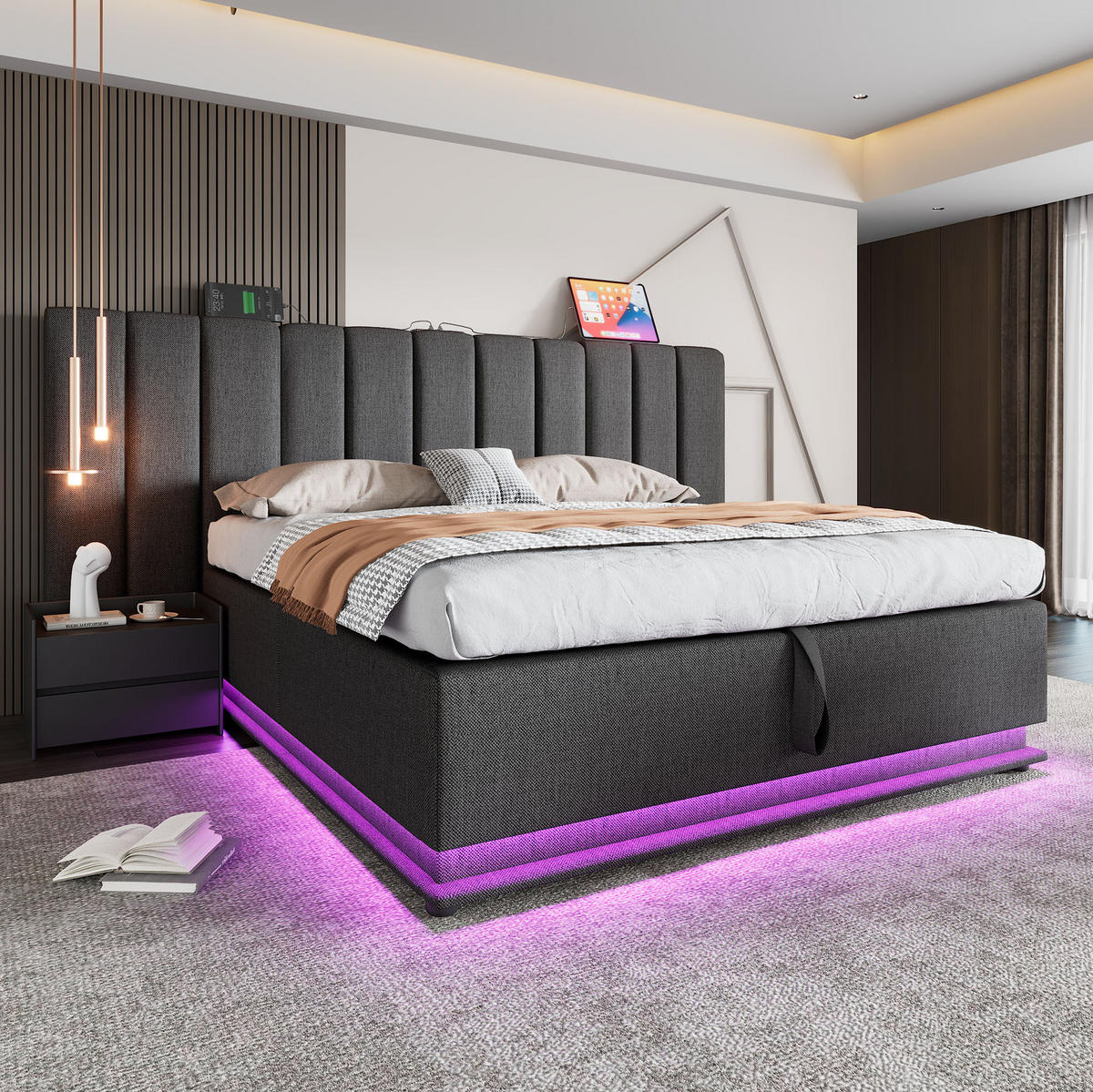 POLSTERBETT 180/200 cm Grau aus Leinen mit LED und Ladefunktion - Grau, Textil (180/200cm) - OKMYHOME