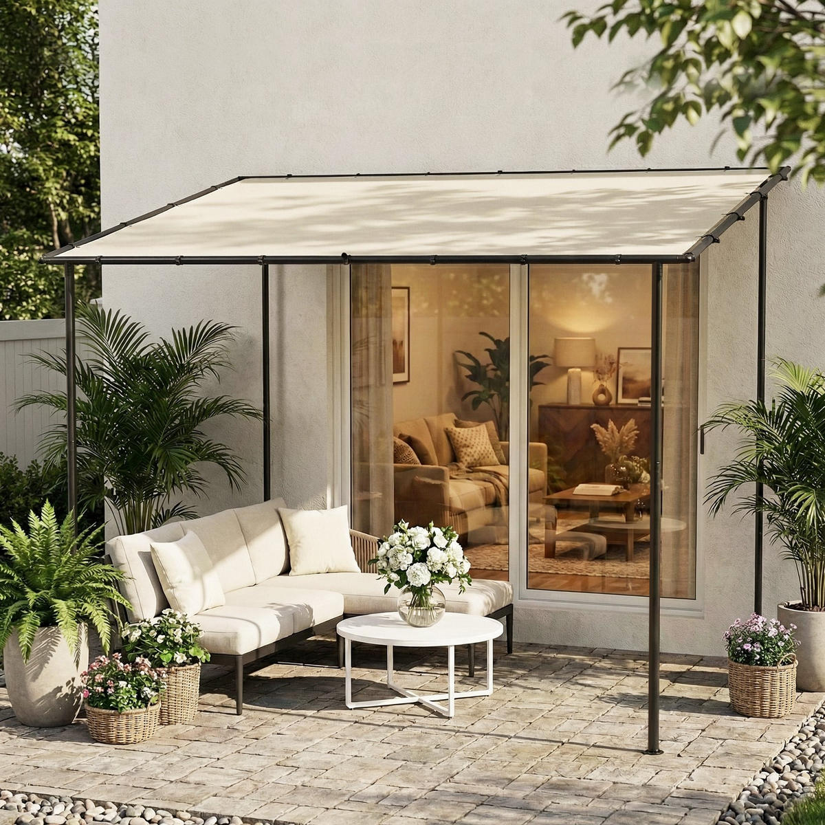 PERGOLA Metall Polyester Cremeweiß - Creme/Schwarz, Textil/Metall (180/230/300cm) - Outsunny
