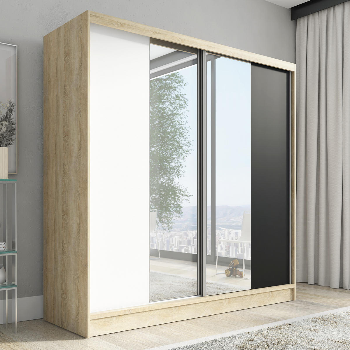 SCHWEBETÜRENSCHRANK 200 CM DUO Farbe: Sonoma | sonoma | schwarz - Schwarz/Braun, Holzwerkstoff (200/215/60cm) - A&J MöbelLand