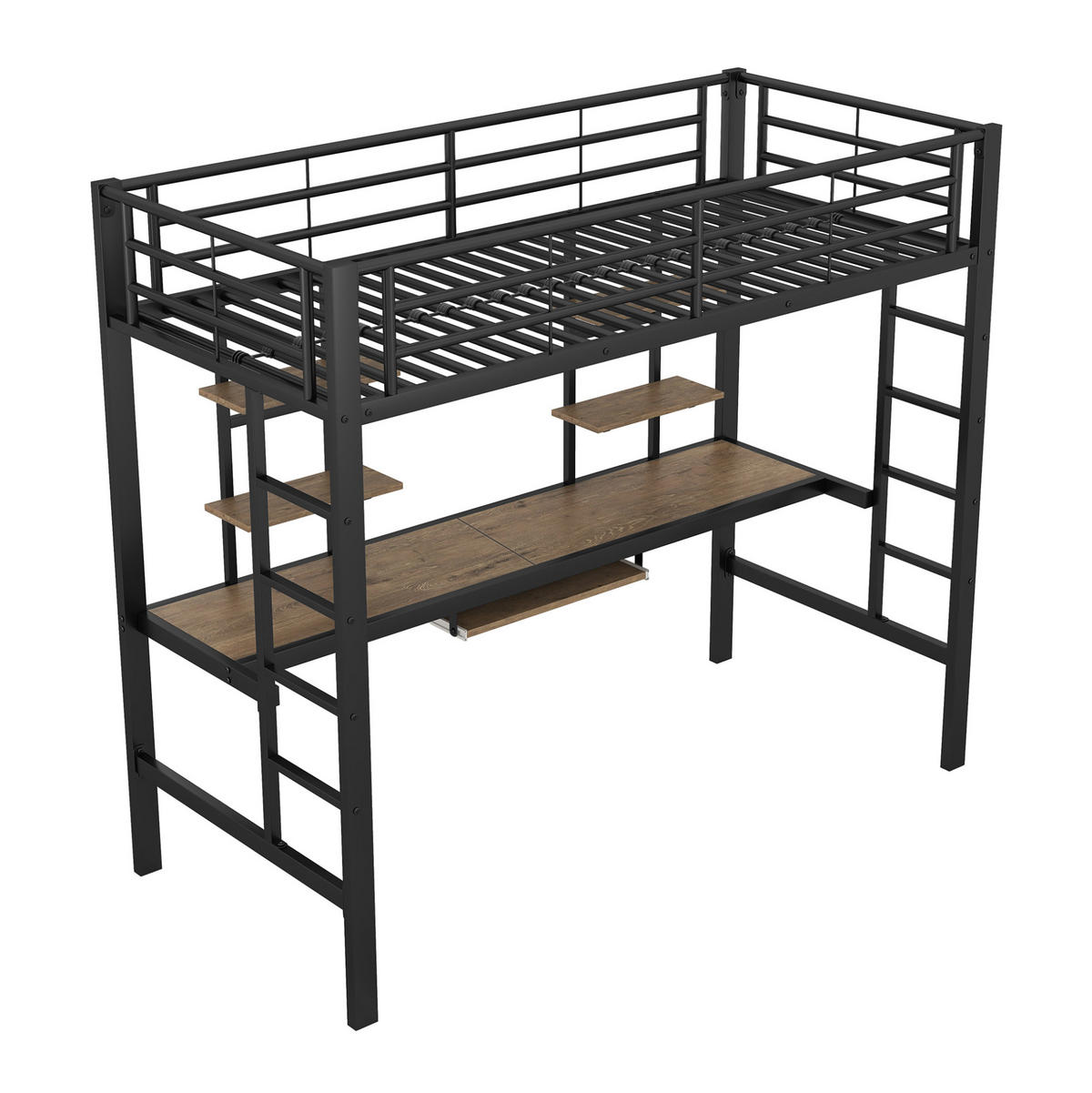 HOCHBETT 90/200 cm aus Metall mit Schreibtisch und 2 Regalen in Schwarz - Schwarz, Metall (90/200cm) - Flora Grace