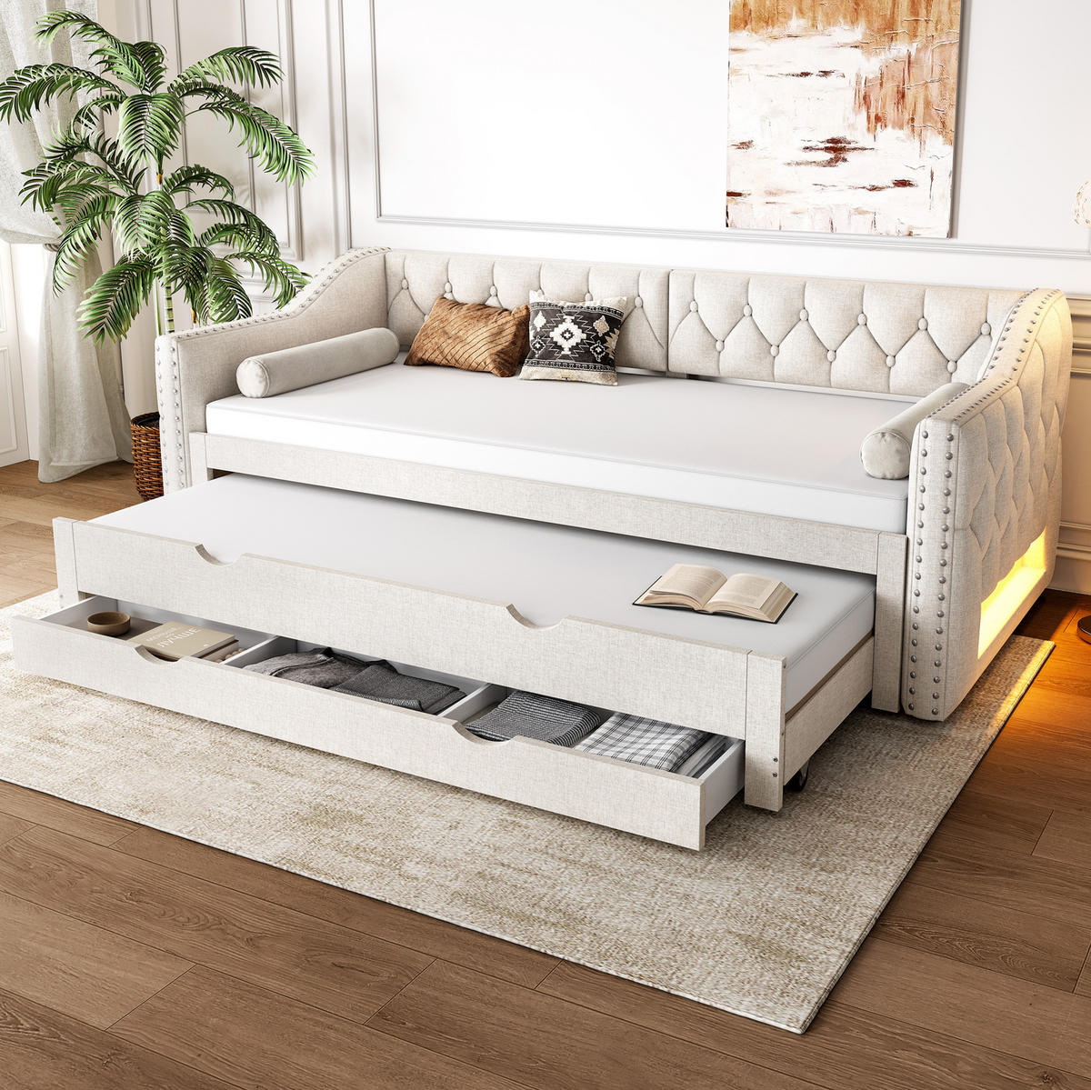 TAGESBETT aus MDF und Leinenmischgewebe 90x200 cm Beige mit LED-Beleuchtung, Ausziehbett und 3 Schubladen - Beige, Textil (90/200cm) - Modfu