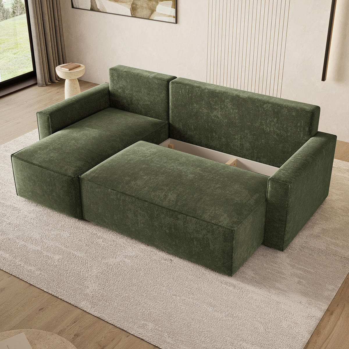 ECKSOFA POTARO LM Grün Chenille mit Schlaffunktion - Grün, Holzwerkstoff/Textil (232/140cm) - MASSENO