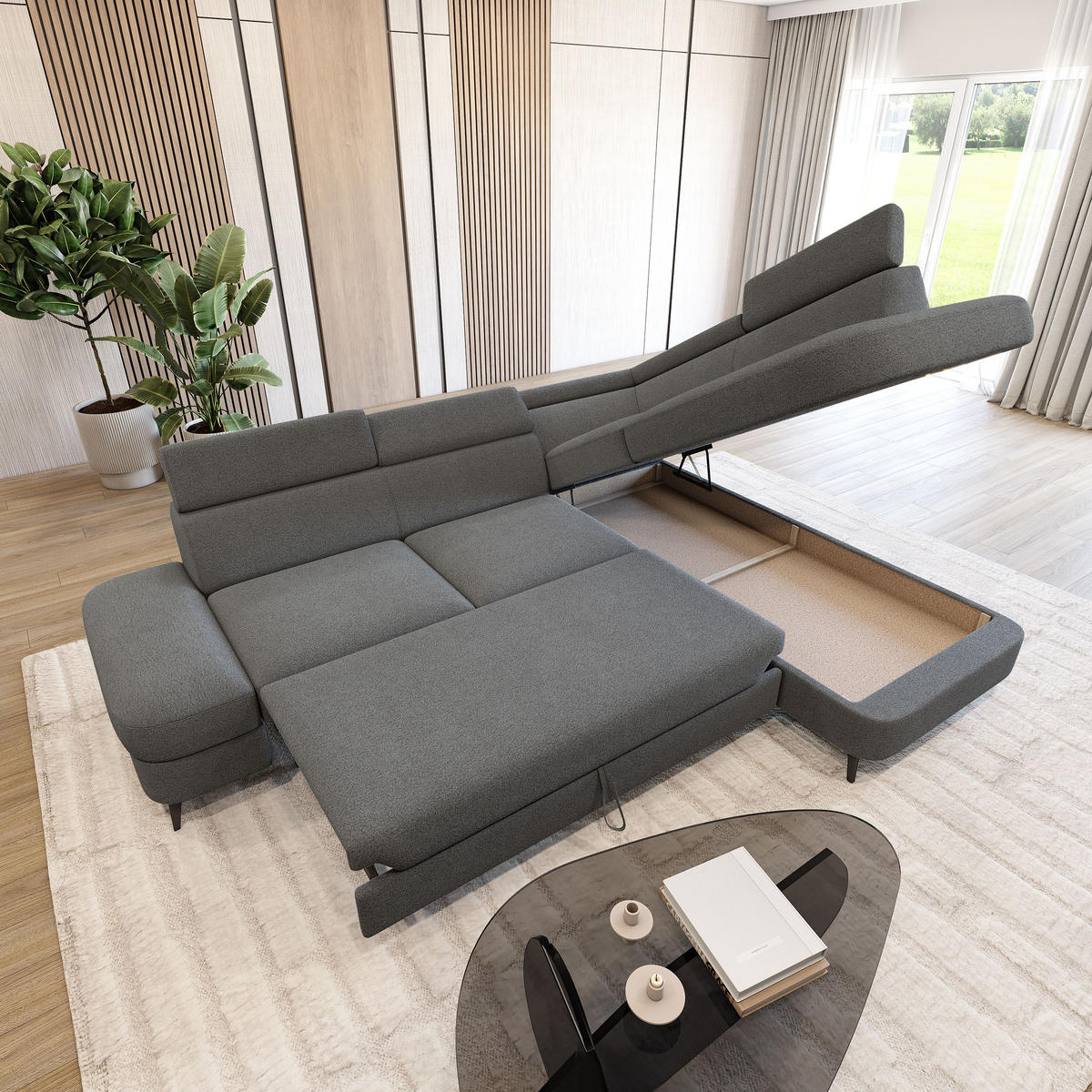 ECKSOFA AVISE Q R-S Grau Boucle-Stoff mit Schlaffunktion - Grau, Holzwerkstoff/Textil (268/195cm) - MASSENO