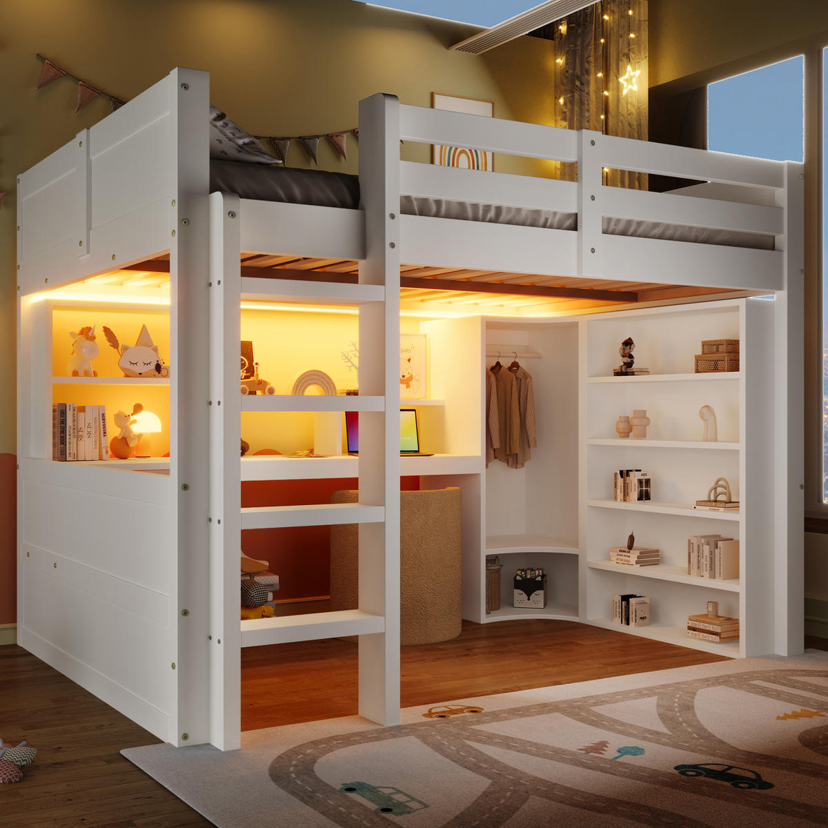 HOCHBETT 140/200 cm Weiß mit LED-Beleuchtung aus Kiefernholz mit Schreibtisch und Stauraum - Weiß, Holzwerkstoff (140/200cm) - OKWISH