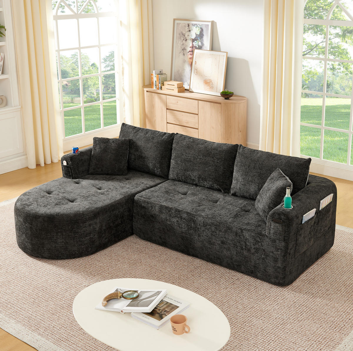 ECKSOFA L-Form Schwarz mit Becherhalter und Seitentaschen - Schwarz, Textil (170/255cm) - Meubliv