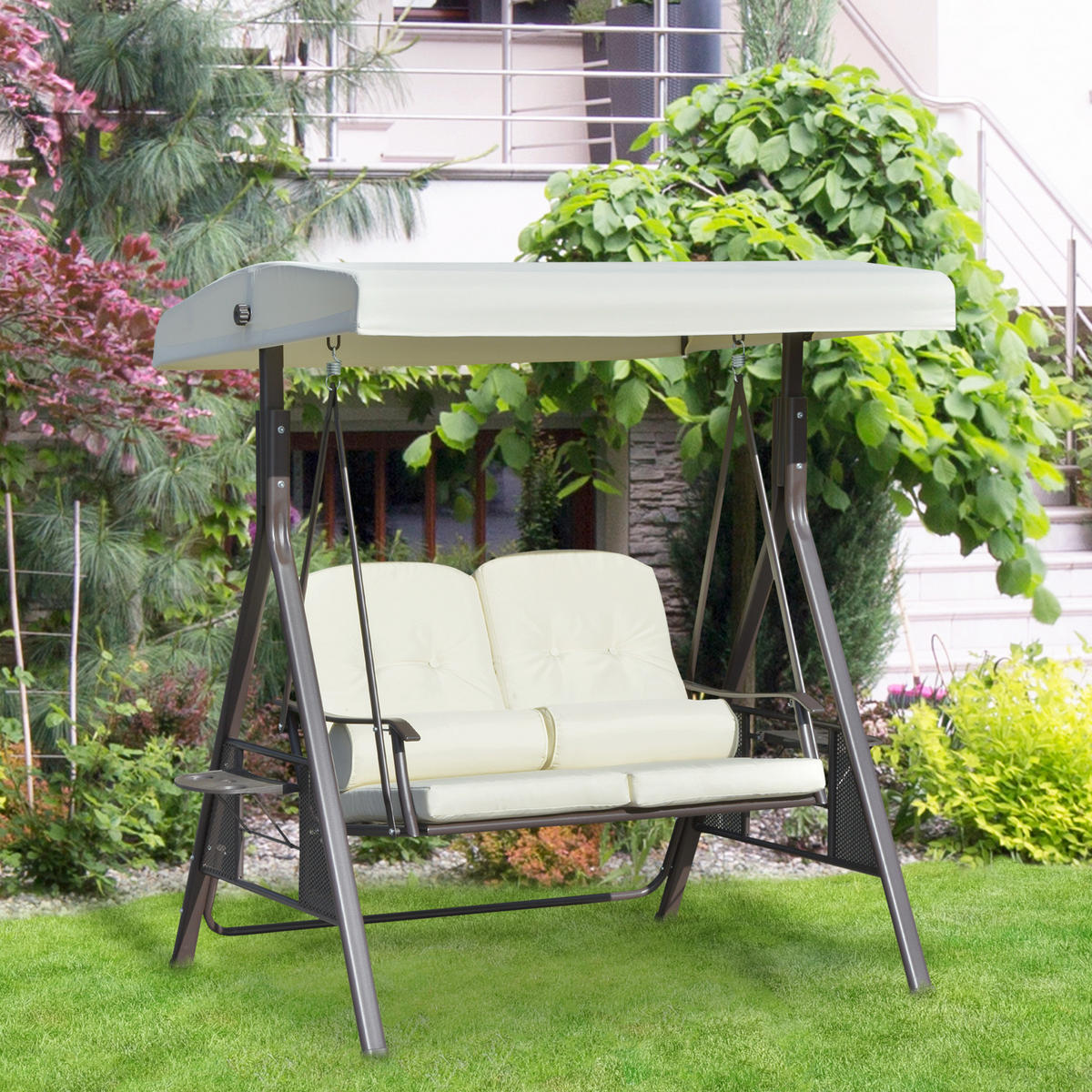 HOLLYWOODSCHAUKEL 2-SITZER DE-07016 wetterbeständig, 2 Ablagen Weiß/Schwarz - Beige, Metall (162/173/118cm) - ComfortXL