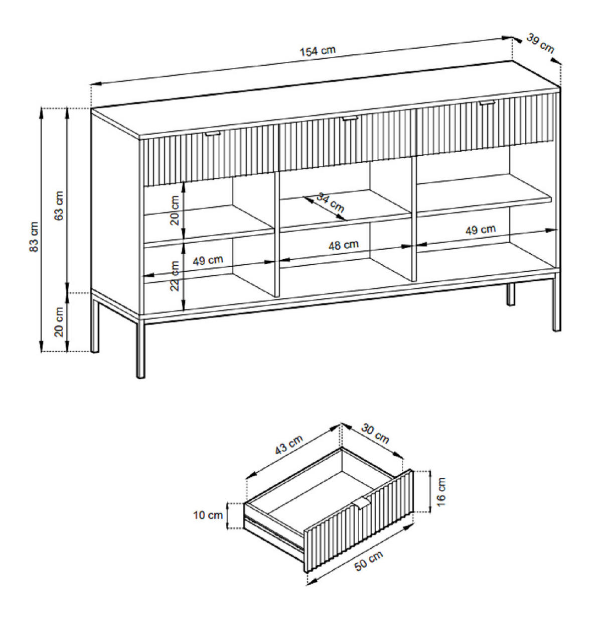 SIDEBOARD mit Schubladen Galla, Sideboard 150 cm, Grau + Schwarz - Schwarz/Grau, Holz/Metall (154/83/39cm) - Emporius
