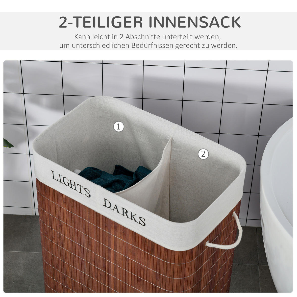 WÄSCHEKORB, Bambus, Polyester Braun+Weiß - Braun, Naturmaterialen (32/63/52cm) - HOMCOM