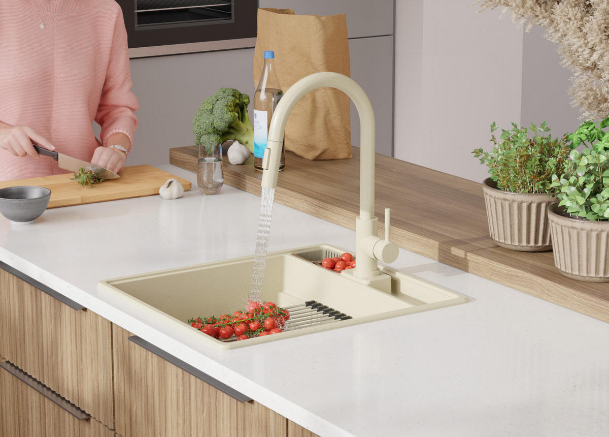 SPÜLBECKEN New York, 2-er set Beige 48/53 cm 1 Becken + Ablauf-Set + Küchenzubehörset ab 50er Unterschrank - Chromfarben/Beige, Kunststoff (48/20/53cm) - Primagran