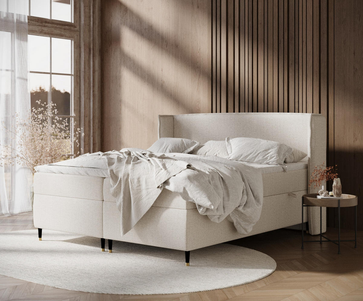 BOXSPRINGBETT Segni Hellbeige 200/200 cm mit Matratze und Topper - Beige/Schwarz, Holz/Holzwerkstoff (200/200cm) - Maison de Reve