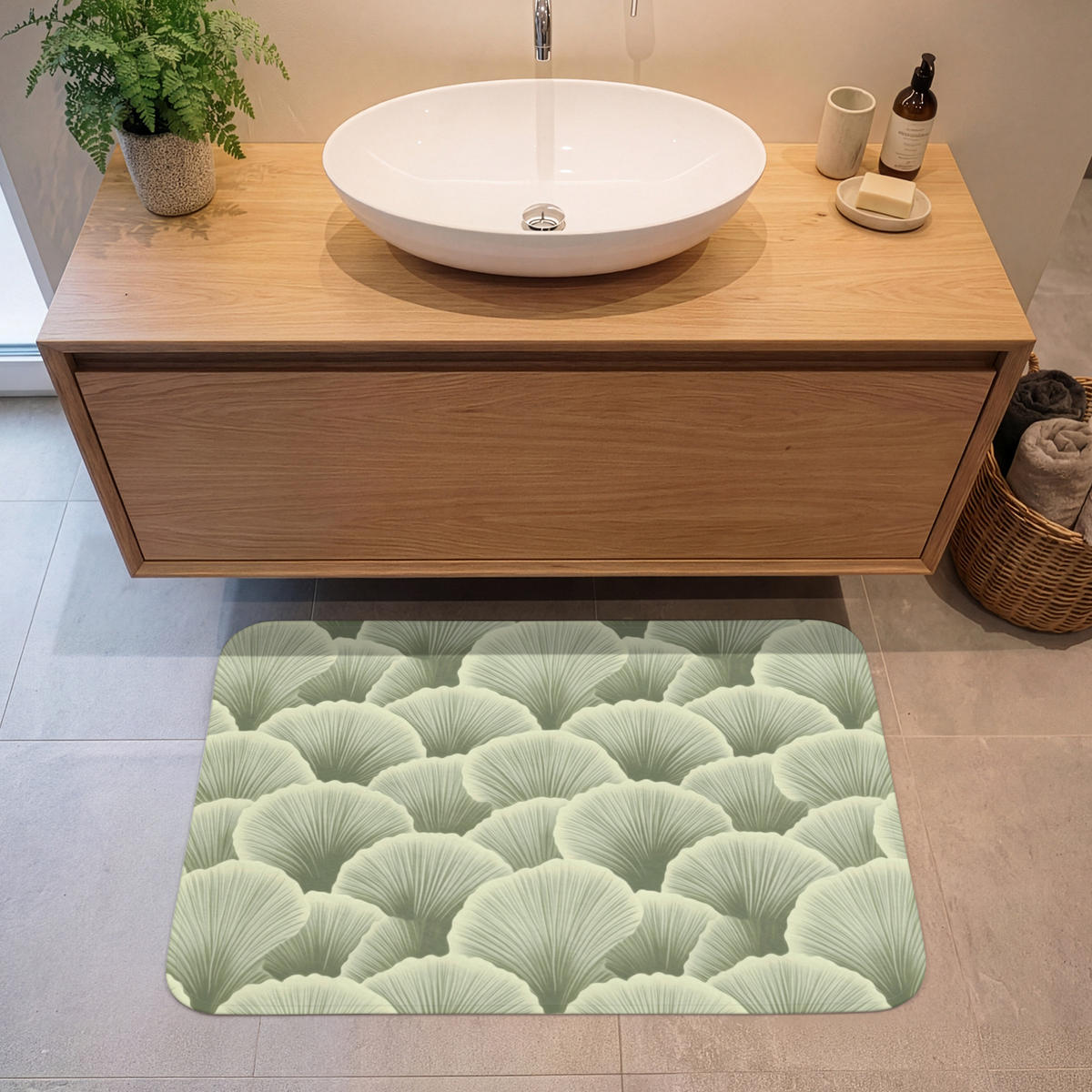 KOUPELNOVÁ PŘEDLOŽKA Vějíř - list - zelený 90x60 cm - pastelově zelená, textil/plast (90/60cm)