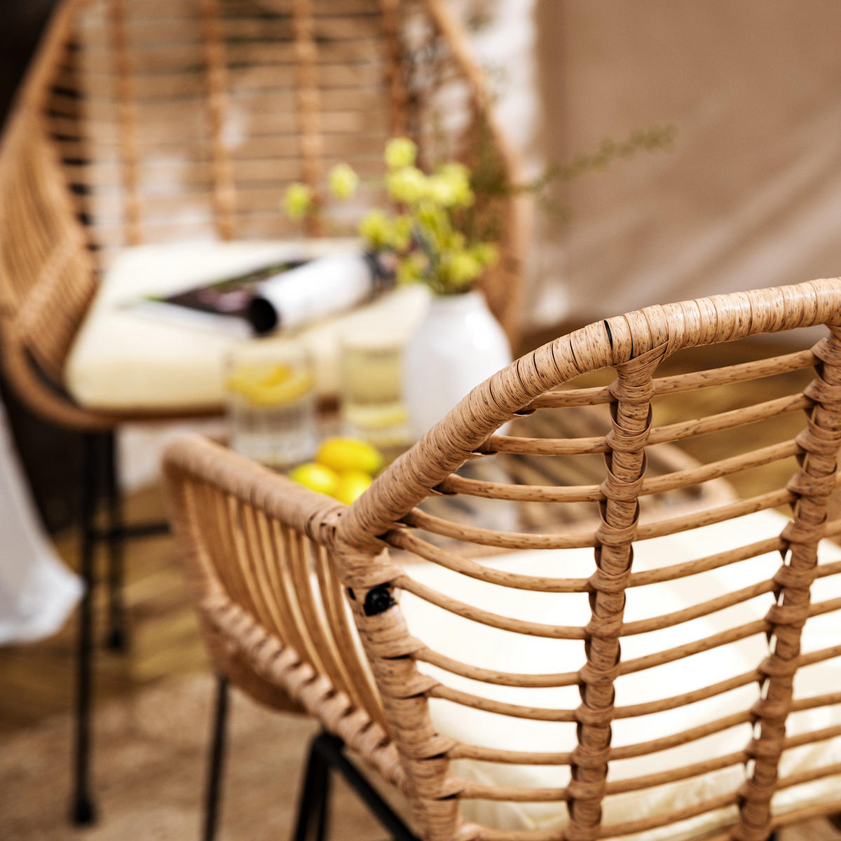 BALKONSET - Polyrattan / Stahl - Beige / Schwarz - 3-teilig - Beige/Schwarz, Naturmaterialien/Glas - home24