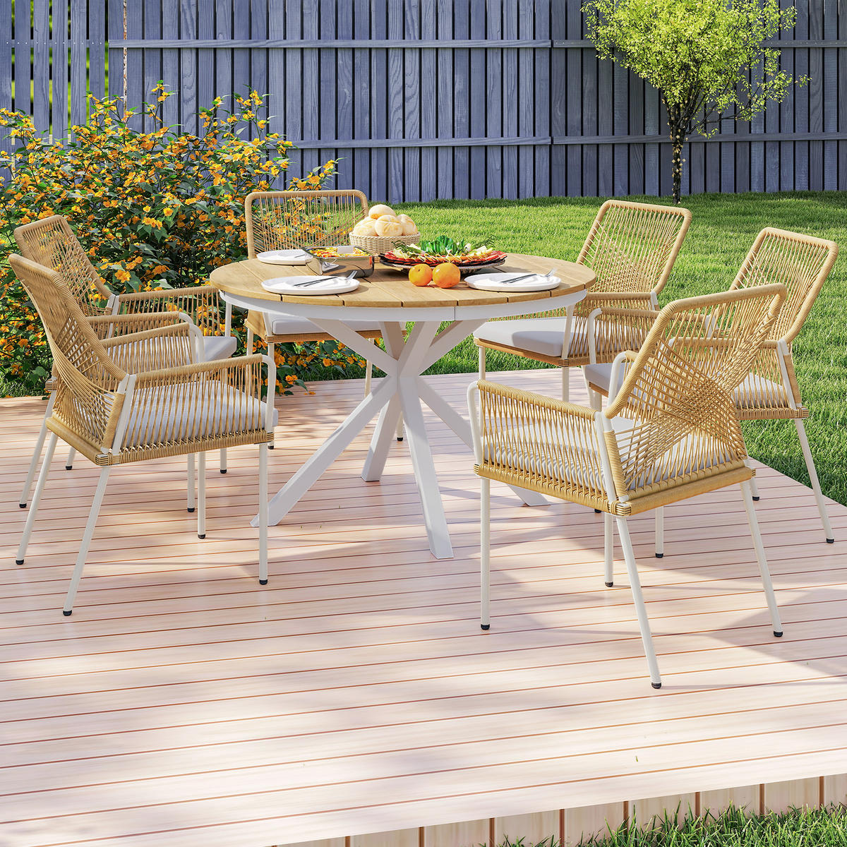 GARTENTISCH Ø118cm, Wetterfest Balkontisch aus Aluminium, mit Kreuzbeine - Teakfarben, Kunststoff (118/118/74cm) - Outsunny