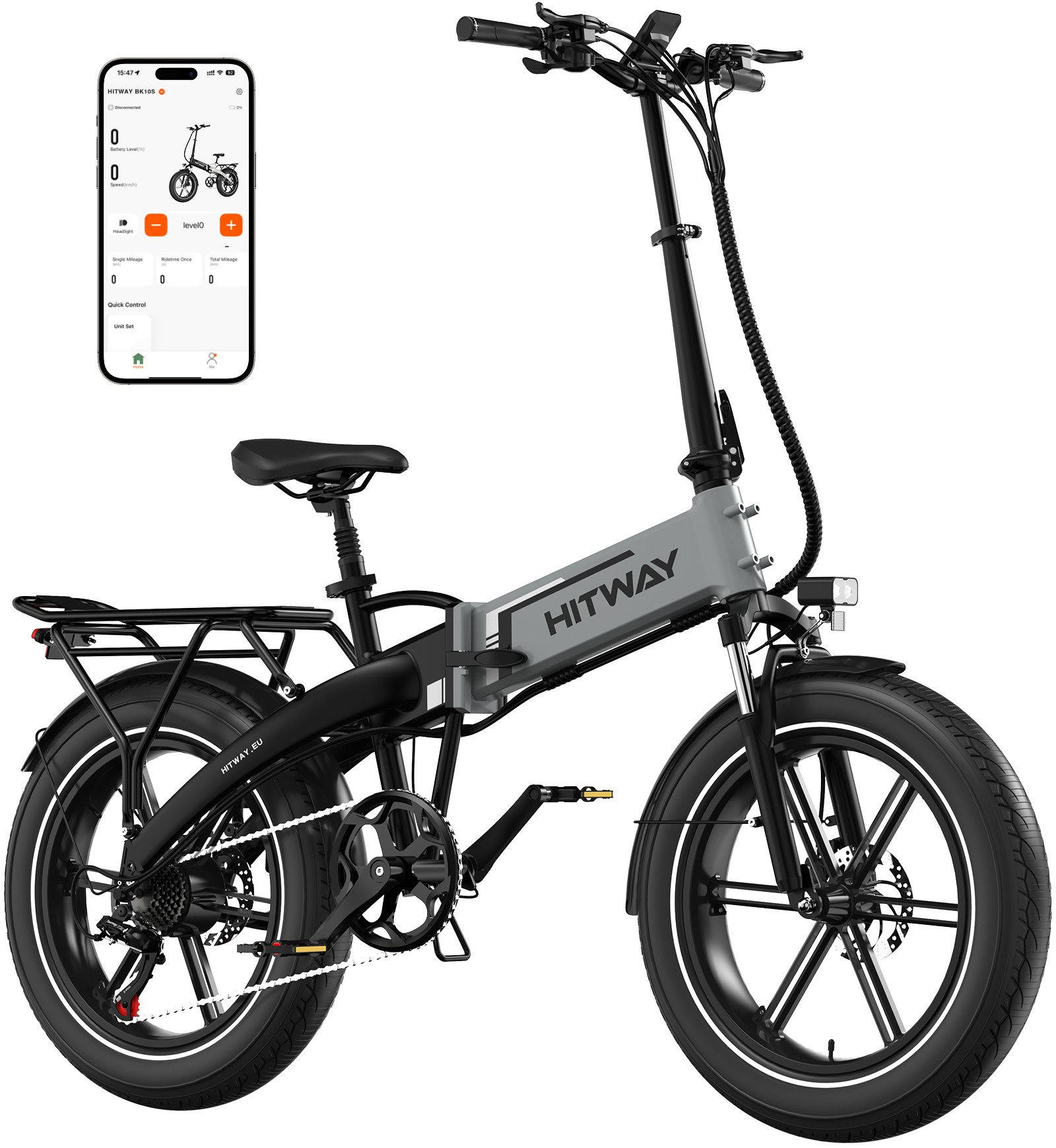 E-BIKE Klapprad BK10S1 20"×4.0", 624 Wh, 7-Gang, Aluminiumrahmen - Grau, Metall (38cm) - HITWAY