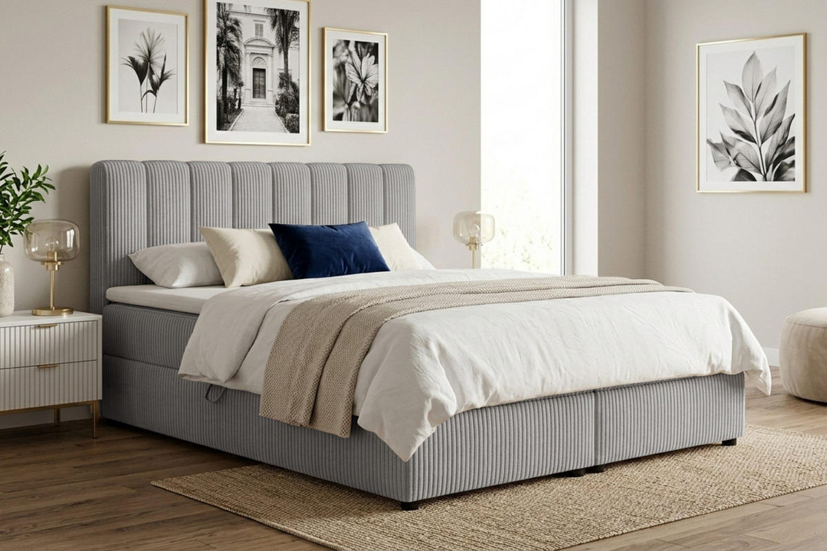 BOXBETT WILL 140/200 in Cord Hellgrau H4 - Hellgrau, Holz/Holzwerkstoff (140/200cm) - Deine Möbel 24