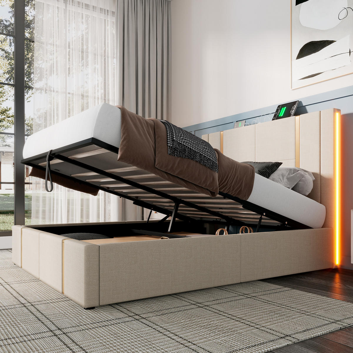 ČALÚNENÁ posteľ 160/200 cm béžová s LED, USB-C a úložným priestorom z ľanovej tkaniny - béžová, textil (160/200cm) - OKWISH