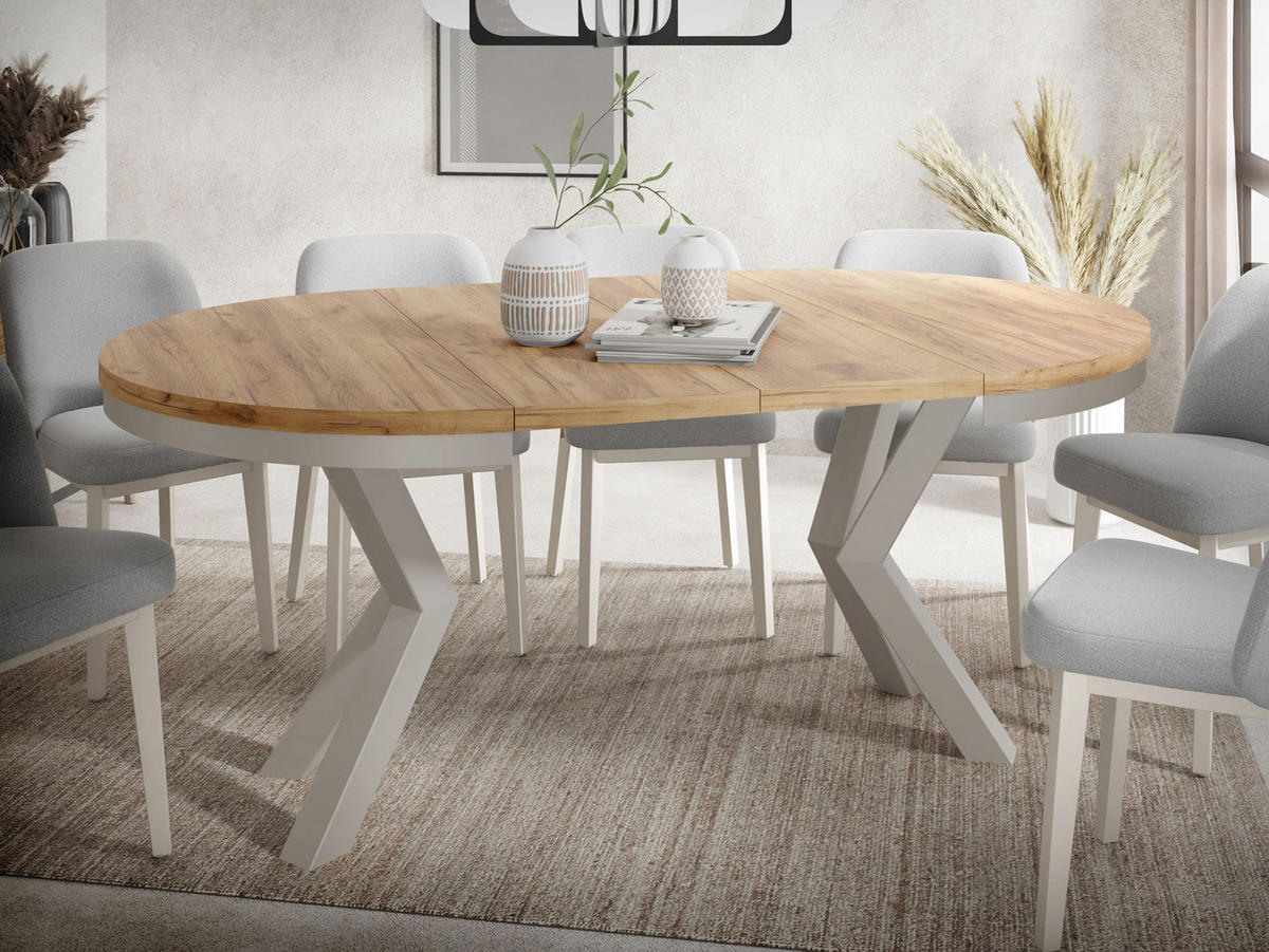 ESSTISCH Clara Grau-Beige runder ausziehbarer, Craft Eiche 120-200/120/76 cm - Eiche Wotan/Grau, Holzwerkstoff/Metall (120/120/76cm) - WFL GROUP