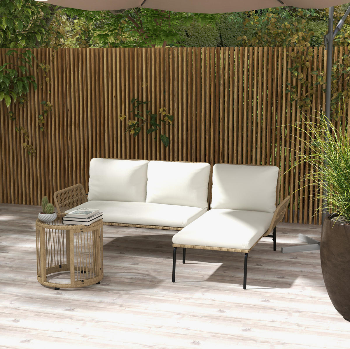 GARTENMÖBEL-SET 3-tlg. mit Sonnenliege, Zweisitzer und Tisch Cremeweiß - Weiß, Metall - Beauniv