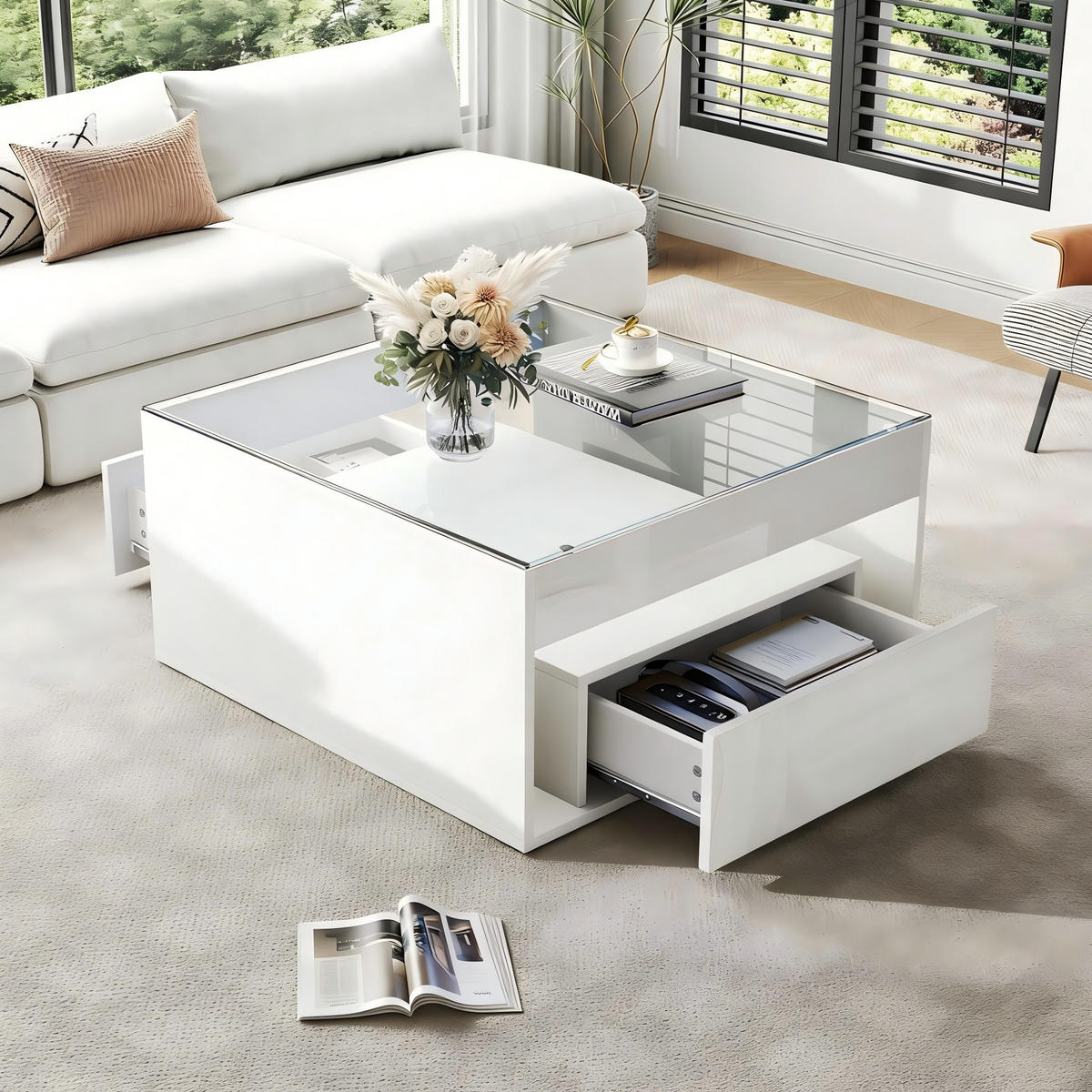 COUCHTISCH 70/70/35 cm mit LED-Beleuchtung, 2 Schubladen und Glasplatte, Weiß - Weiß, Holzwerkstoff (70/70/35cm) - Redom